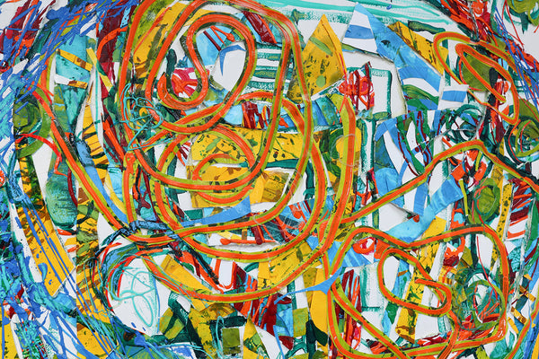 Expressive abstract landscape artwork by artist John Berrick, detail shot.