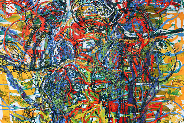 Expressive abstract landscape artwork by artist John Berrick, detail shot.