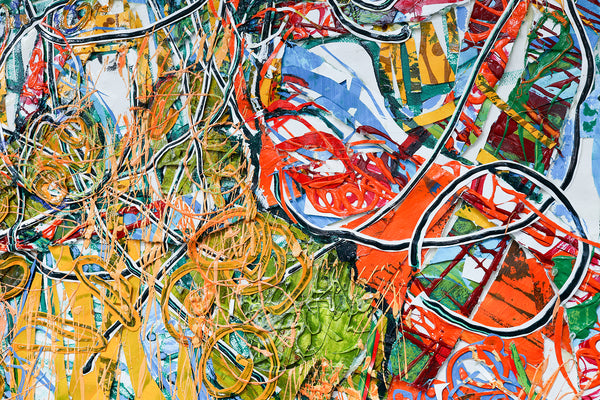 Expressive abstract landscape artwork by artist John Berrick, detail shot.