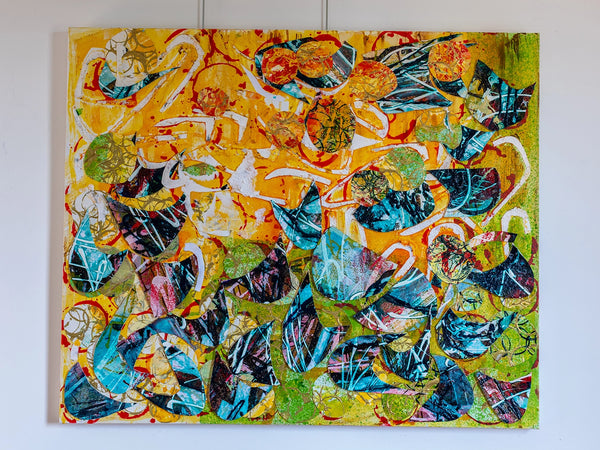 Colorful abstract painting with various shapes and patterns on a white wall. By John Berrick.