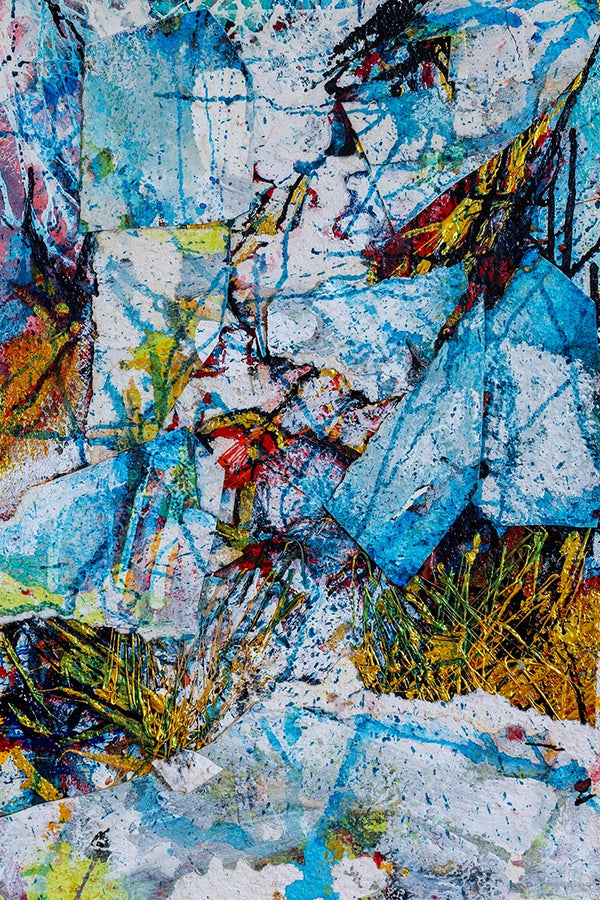 Abstract artwork with a mix of blue, yellow, and red colors on a textured background. By John Berrick.