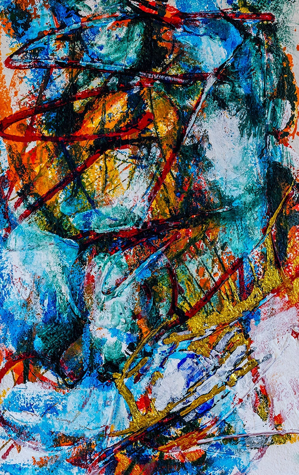 Abstract artwork with a mix of blue, red, yellow, and black colours. By artist John Berrick.