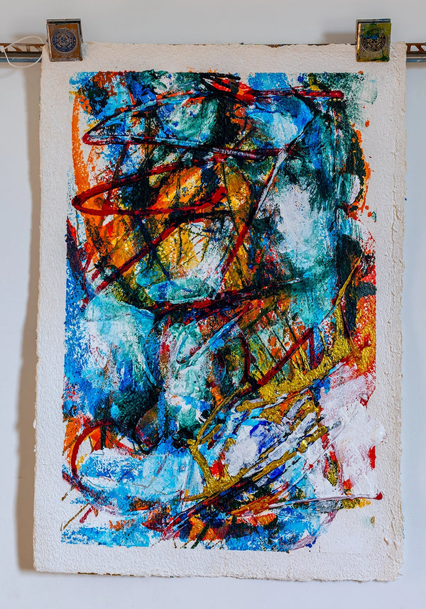 Abstract artwork with vibrant colours on a white background. By artist John Berrick.