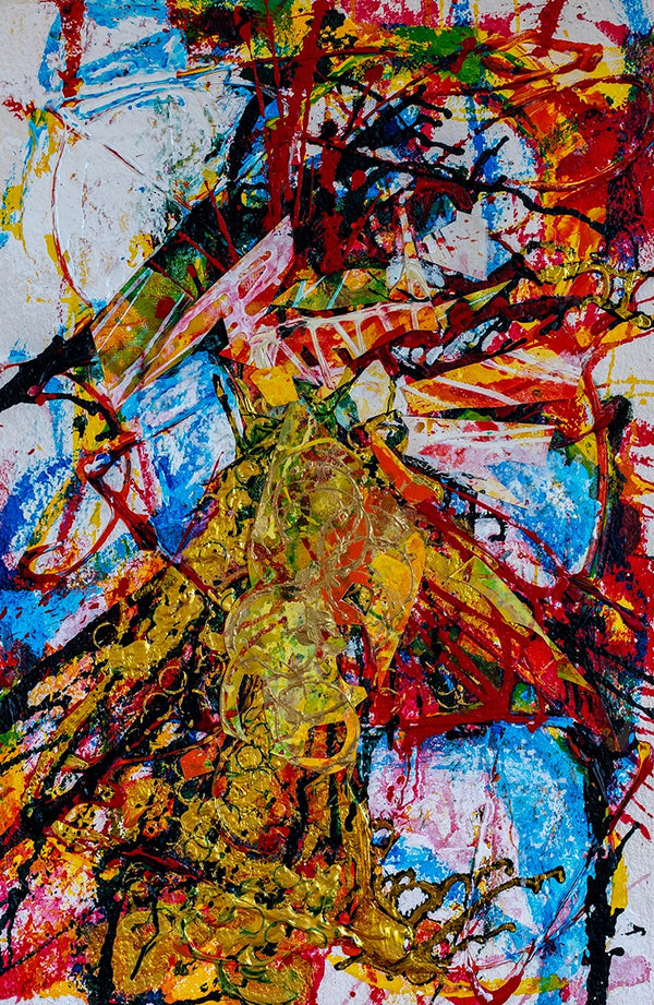 Abstract expressive artwork using mixed media and collage. By John Berrick.