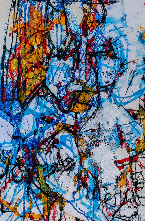 Abstract artwork with a mix of blue, yellow, red, and black colors on a white background. By John Berrick.