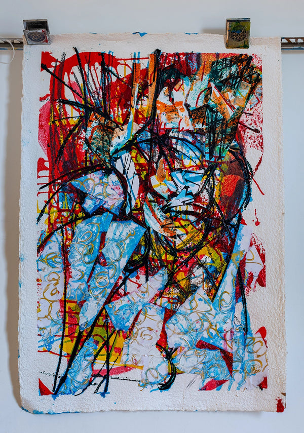 Abstract artwork with bold colors and dynamic lines on a textured surface. By John Berrick.