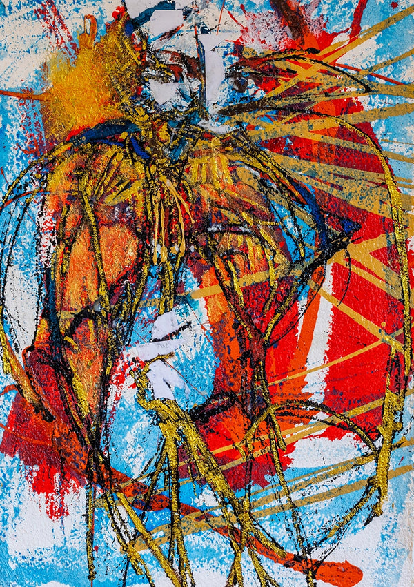 Abstract artwork with vibrant colours and dynamic lines on a textured surface. By artist John Berrick.