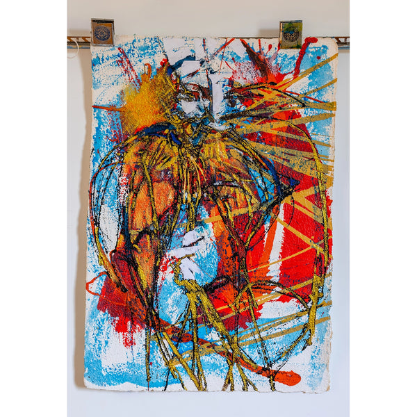Abstract artwork with vibrant yellow and red colours on a white background. By artist John Berrick.