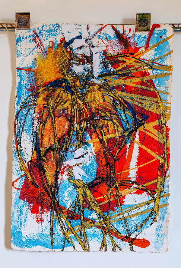 Abstract artwork with vibrant yellow and red colours on a white and blue background. By artist John Berrick.