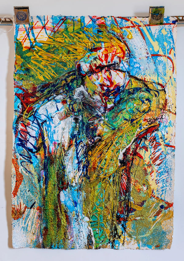 Abstract artwork with vibrant yellow, blue, and green colours on a white background. By artist John Berrick.