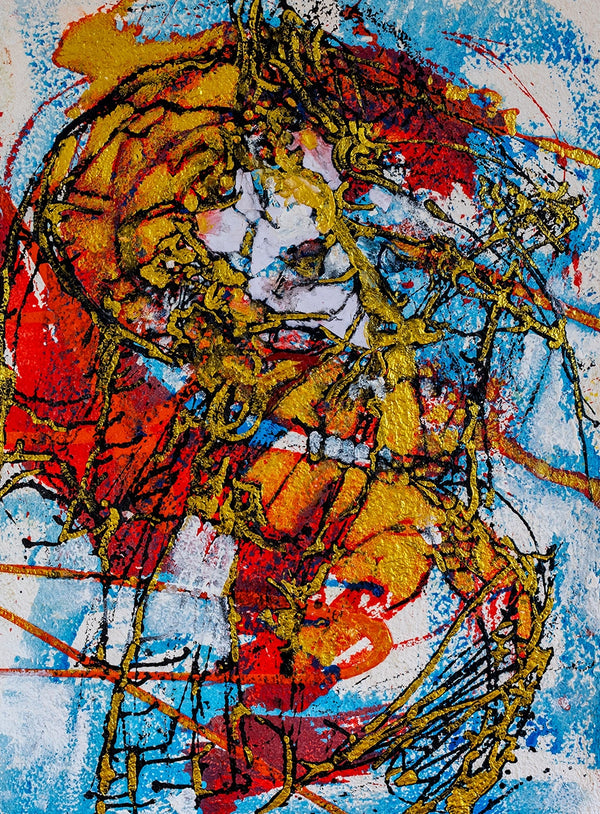 Abstract artwork with dynamic red, blue and yellow colours. By artist John Berrick.