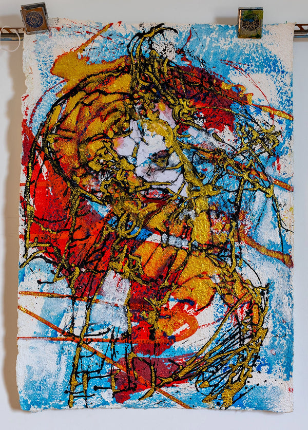 Abstract artwork with vibrant red, yellow and blue colours on a textured paper surface. By artist John Berrick.