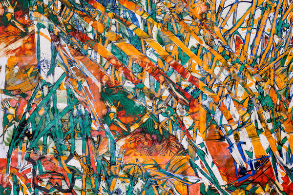 Abstract expressive artwork using mixed media and collage. By John Berrick.