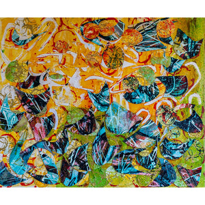 Colorful abstract artwork with various shapes and patterns on a yellow background. By John Berrick.