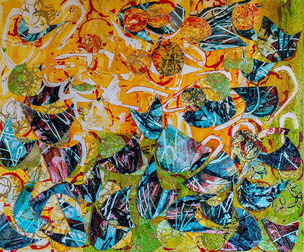 Colorful abstract artwork with various shapes and patterns on a textured surface. By John Berrick.