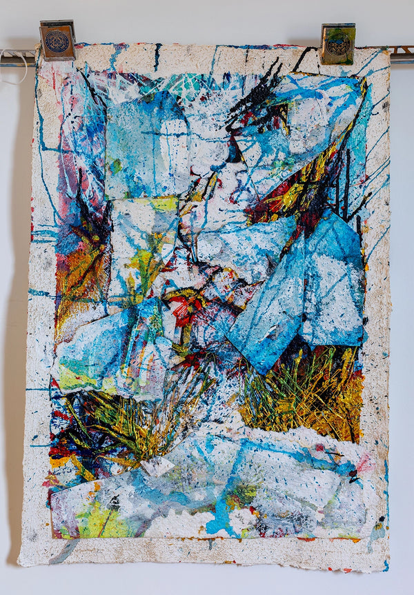 Abstract art piece with colorful brush strokes on a textured surface. By John Berrick.