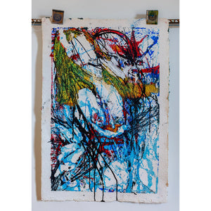 Abstract artwork with vibrant blue and green colors on a white background. By John Berrick.