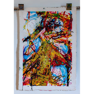 Abstract artwork with vibrant colors on a white background. By John Berrick.