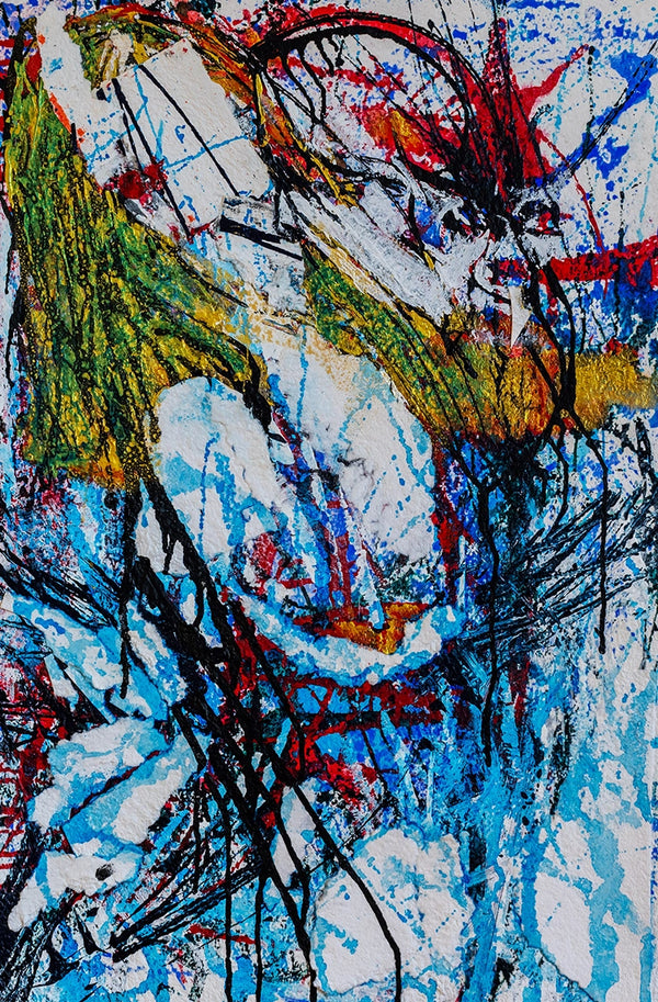 Abstract artwork with a mix of blue and green colors and textures on a textured surface. By John Berrick.