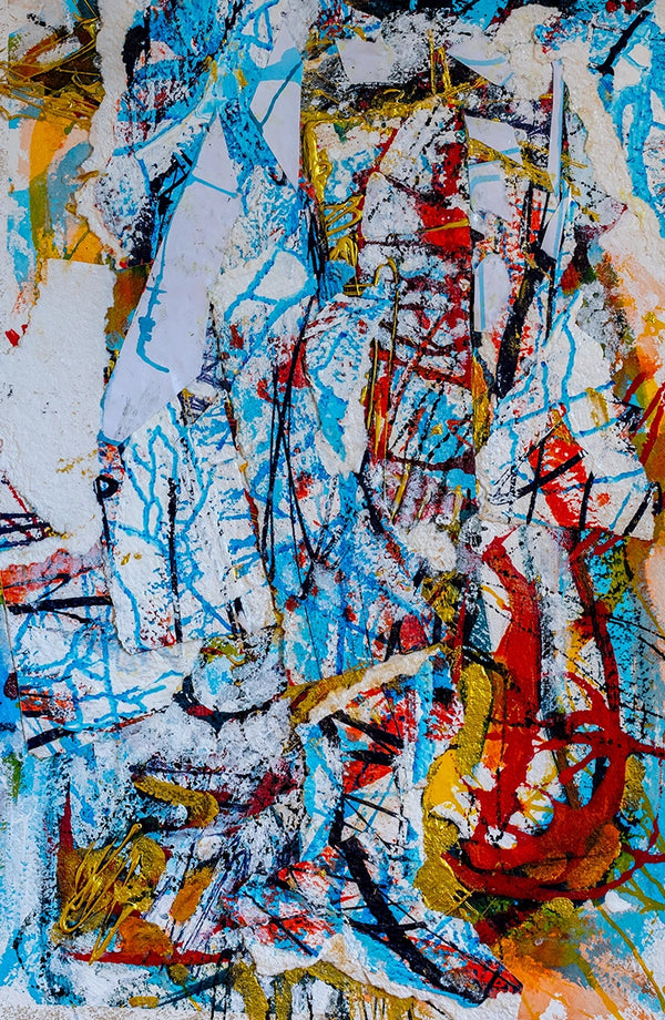 Abstract art with a mix of blue, red, yellow, and black colors on a textured surface. By John Berrick.