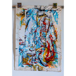 Abstract art piece with colorful brush strokes on a white background. By John Berrick.
