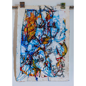 Abstract artwork with colorful strokes on a textured surface. By John Berrick.