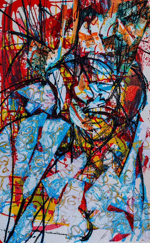 Abstract artwork with blue and red tones