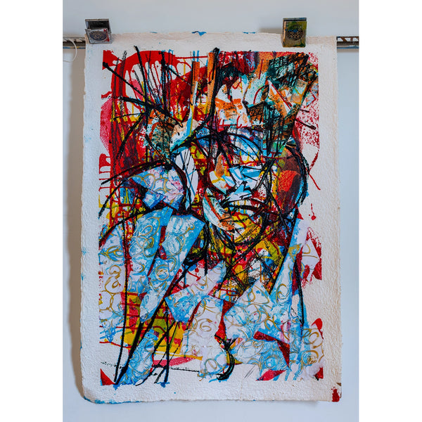 Abstract artwork with vibrant colors on a white background