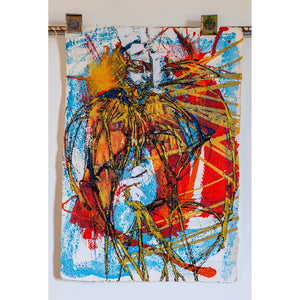 Abstract artwork with vibrant yellow and red colours on a white background. By artist John Berrick.