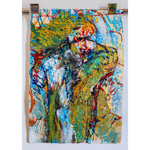 Abstract artwork with vibrant yellow, green and blue colours on a white background. By John Berrick.