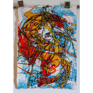 Abstract artwork with dynamic red, yellow and blue colours on a white background. By artist John Berrick.